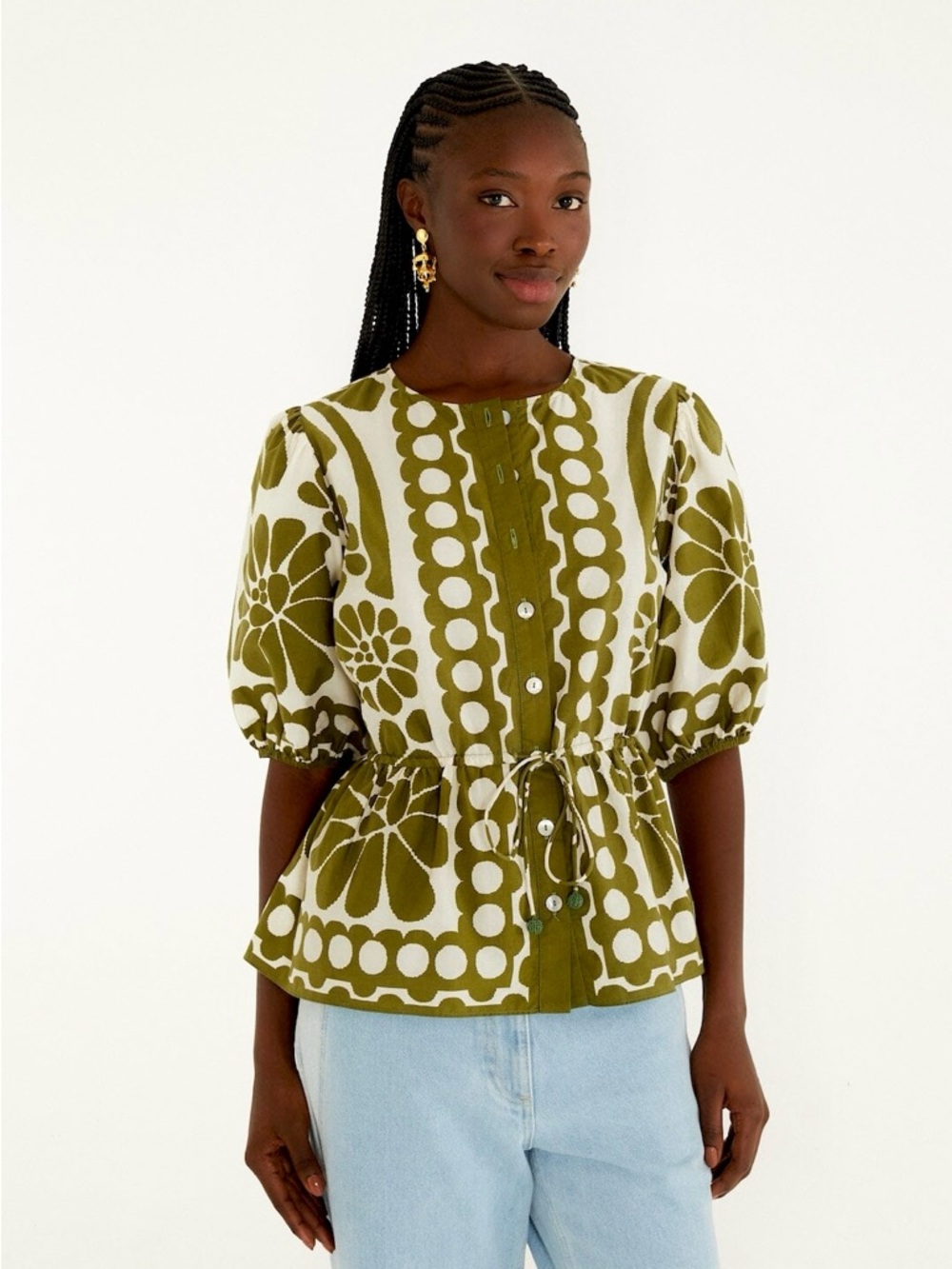 FARM Rio Green Palermo Drawstring Cinch-Waist Blouse Size Large NWT - Picture 9 of 16